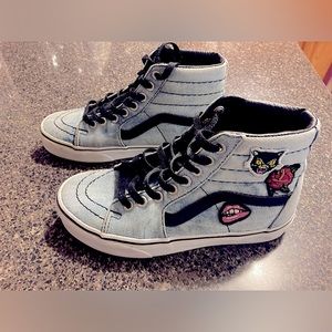 EUC VANS! Big Kids Sz 4 Sk8 Hi Blue Denim Acid Wash With Patches!!